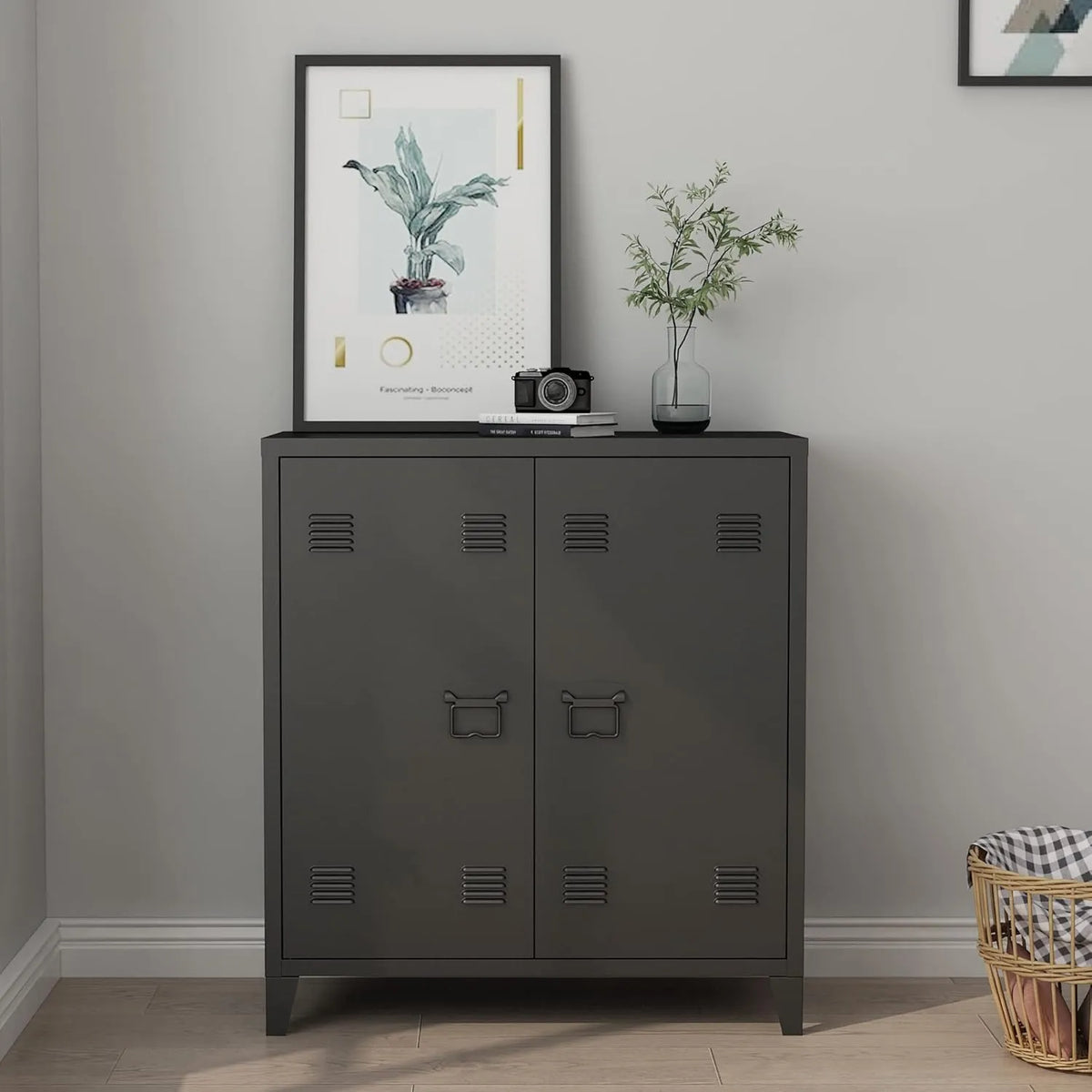 Armoire de Bureau en Métal à 2 Portes – Rangement Robuste pour Bureau ou Atelier – Acier Laminé Noir 90x80x33 cm
