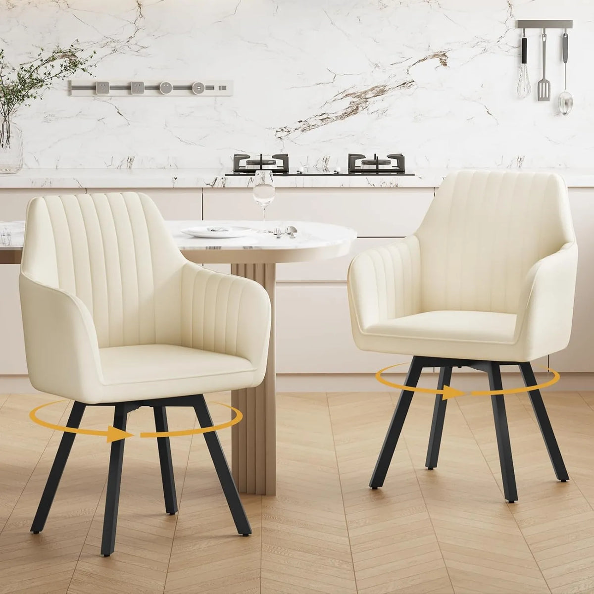 Set de 2 Chaises Pivotantes en Velours avec Accoudoirs pour Salon ou Cuisine, Beige