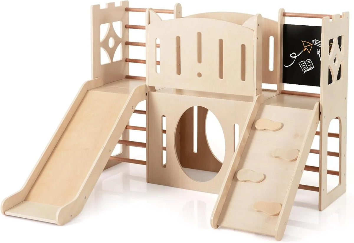 Centre d'activités 8-en-1 en bois pour enfants avec toboggan, rampe et tableau