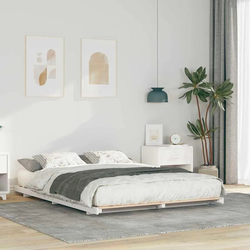 Lit de Sol en Pin Massif Blanc 150x200 cm, Style Japonais, Design Bas Robuste pour Chambre