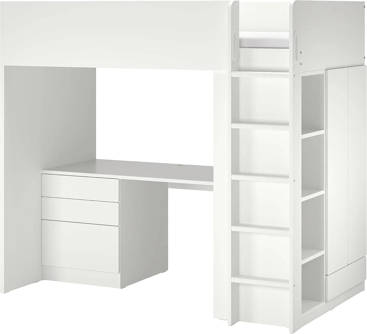 Lit mezzanine SMÅSTAD 90x200 cm, blanc avec bureau et étagères intégrées