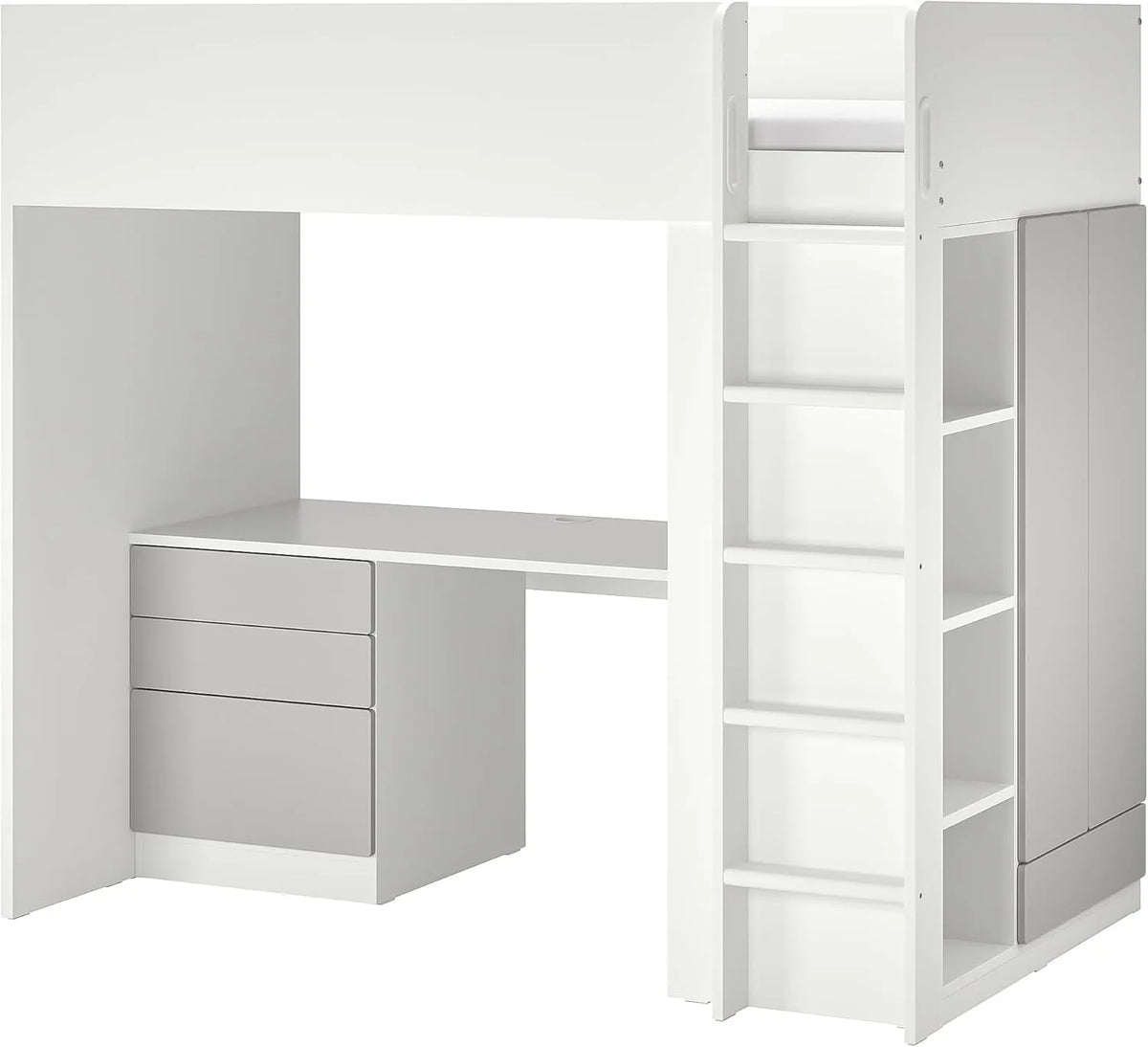 Lit mezzanine SMÅSTAD 90x200 cm, gris/blanc avec bureau et étagères intégrées
