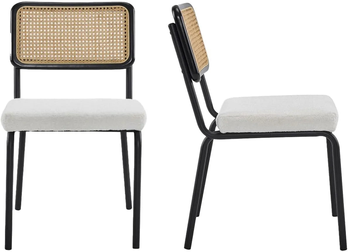Ensemble de 2 chaises en métal noir et bois avec cannage naturel et tissu bouclé beige - Paula