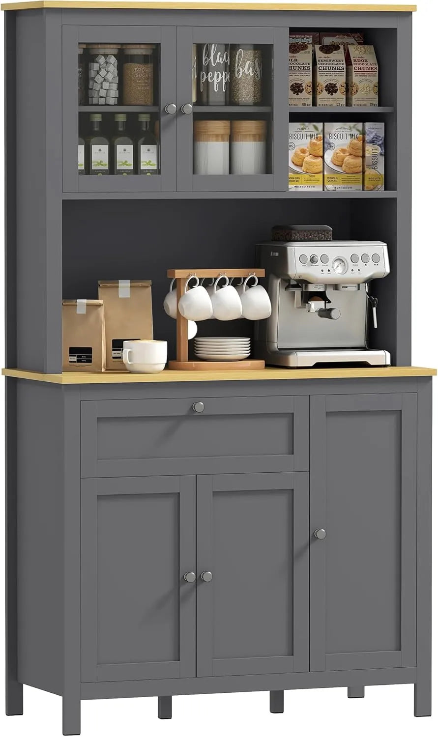 Buffet de Cuisine Moderne avec Rangements Multiples et Portes Vitrées - Gris