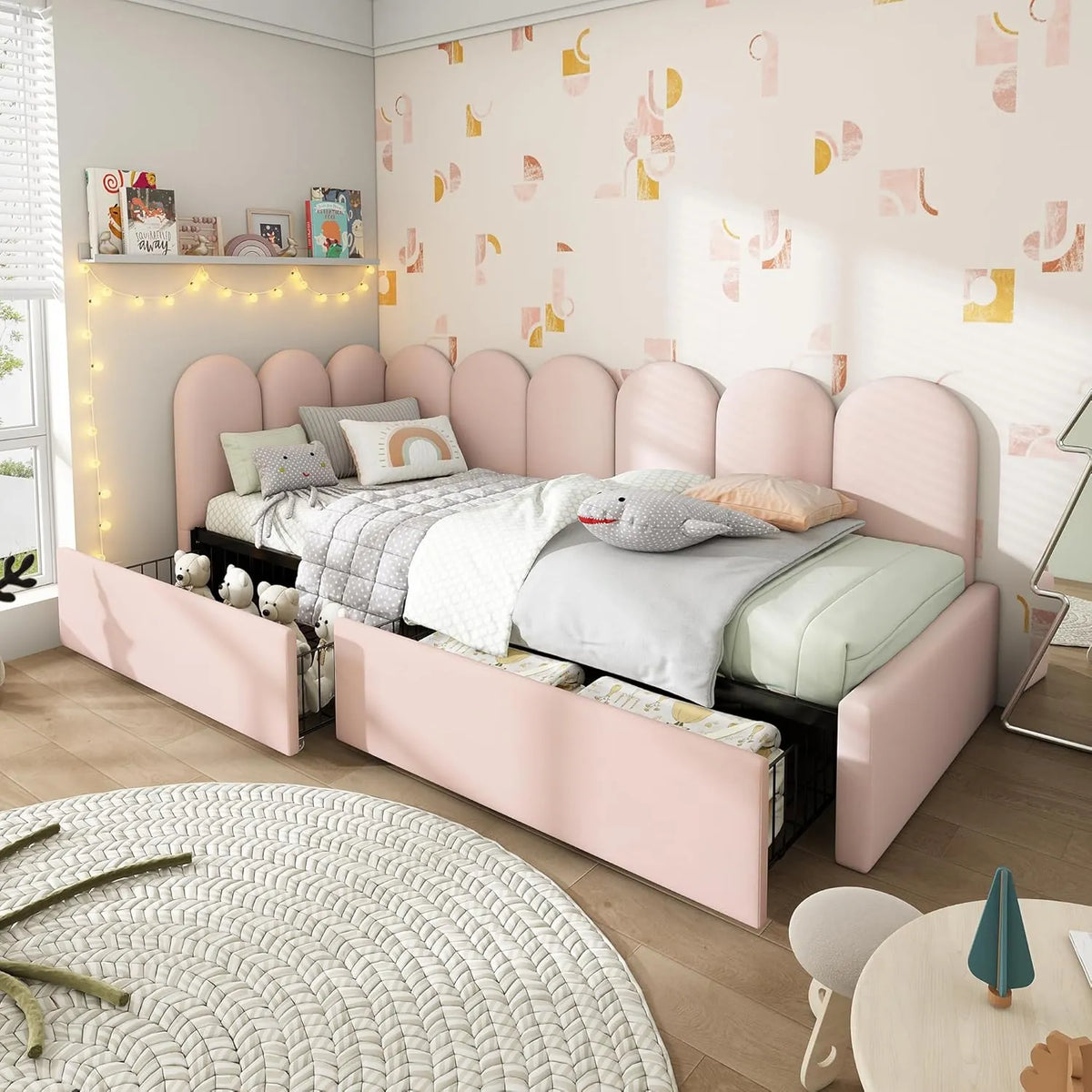 Lit Coffre Velours Rose 90x190 cm pour Enfants et Adolescents avec Tiroirs et Sommier