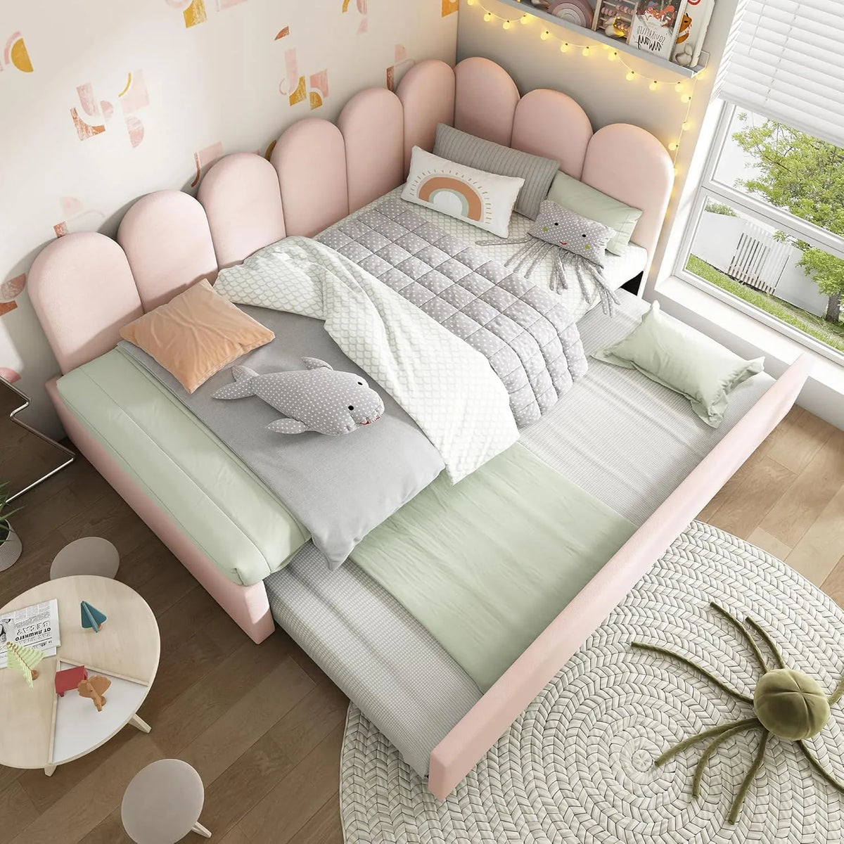 Canapé-lit enfant 90x200 cm avec lit gigogne 90x190 cm en velours rose