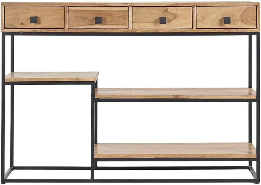 Console en Bois Massif et Métal Noir avec 4 Tiroirs - 115 cm