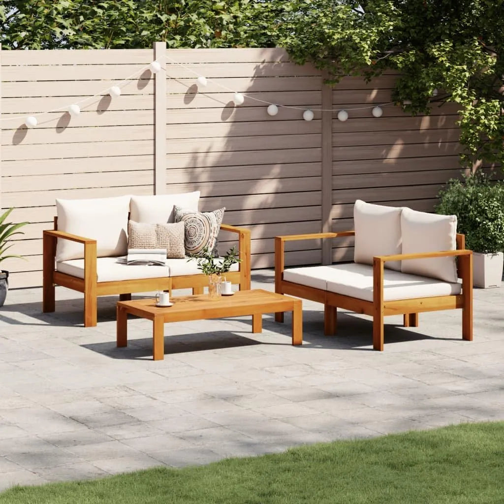 Salon de jardin 3 pièces en bois d'acacia avec coussins crème