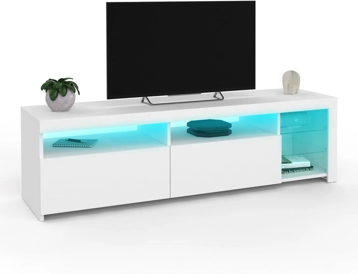 Meuble TV Moderne 140 cm avec LED et Étagères en Verre, Blanc Laqué