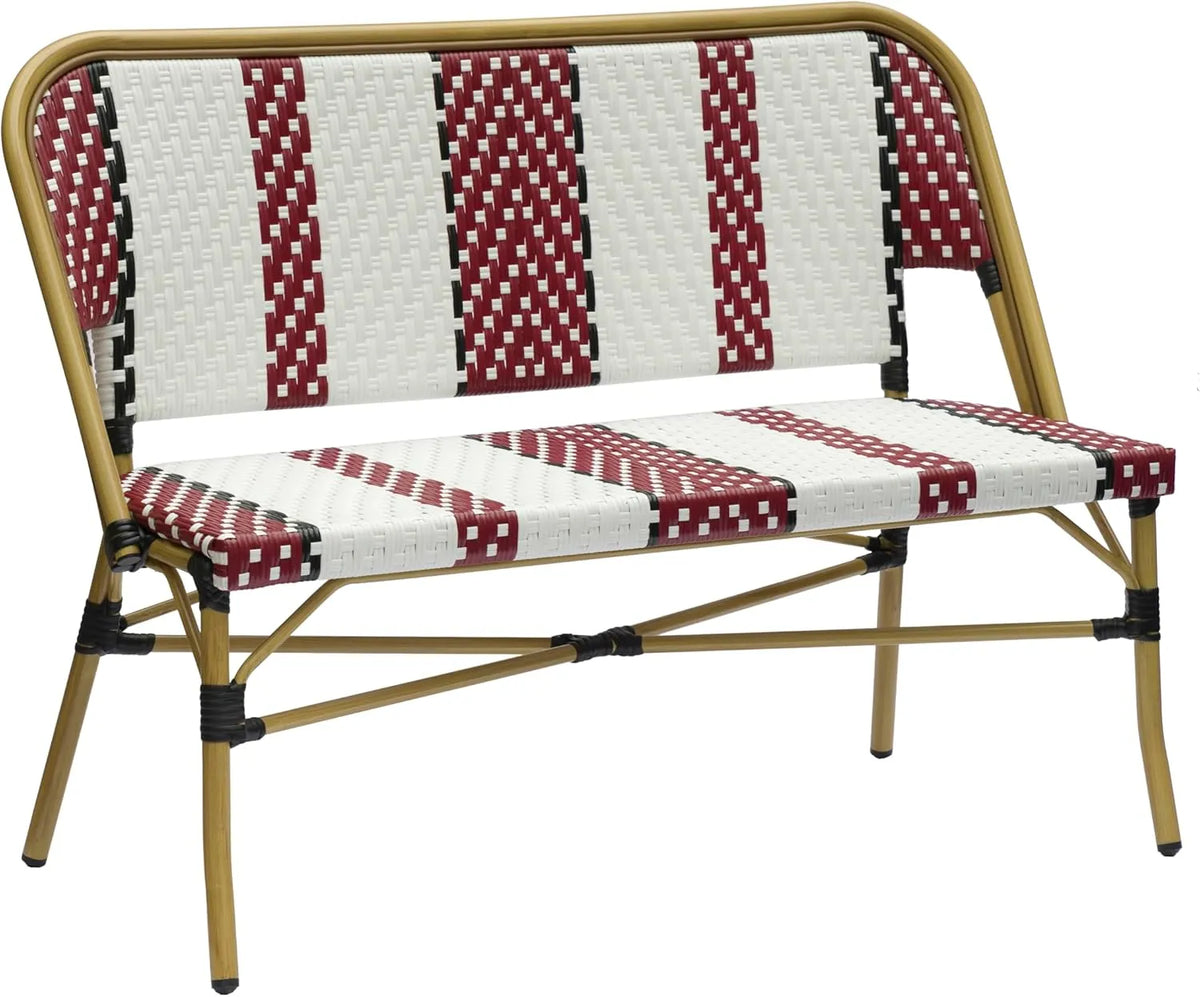 Banc d'extérieur empilable en aluminium et rotin PE - Rouge, 122 x 58 x 88 cm
