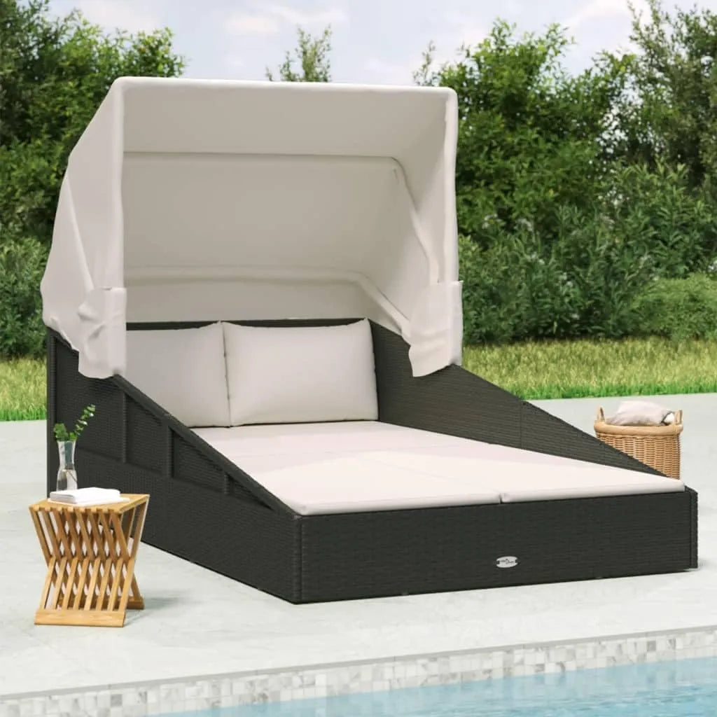 Chaise Longue Pliable avec Auvent Noir en Résine 200x114x128 cm