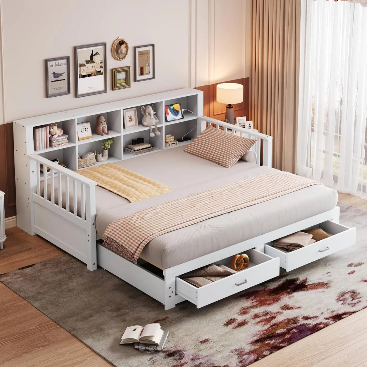 Lit-banquette multifonctionnel en bois massif 90/180x190 cm avec rangement et chargeur intégré
