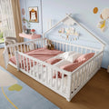 Lit enfant cabane Montessori 140x190cm, design unique avec porte et barrières, sommier solide en pin, blanc