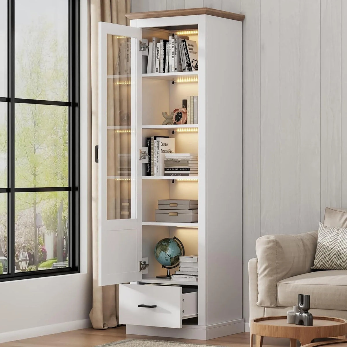 Vitrine Blanc Moderne avec LED Multicolore, 1 Porte et 1 Tiroir