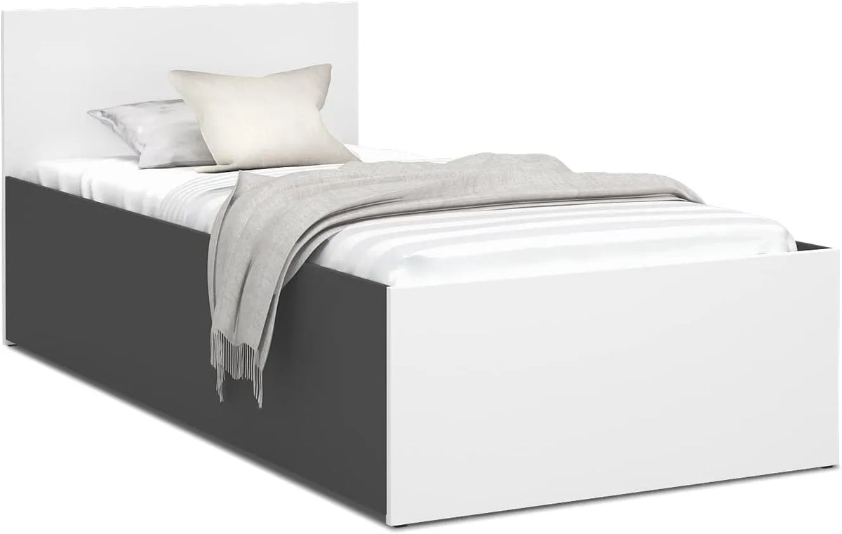 Lit Coffre 90x200 avec Sommier – Design Moderne avec Rangement Pratique – Ouverture à Ressorts - Tête de Lit Capitonnée - Chambre Adulte - Couleurs Gris/Blanc