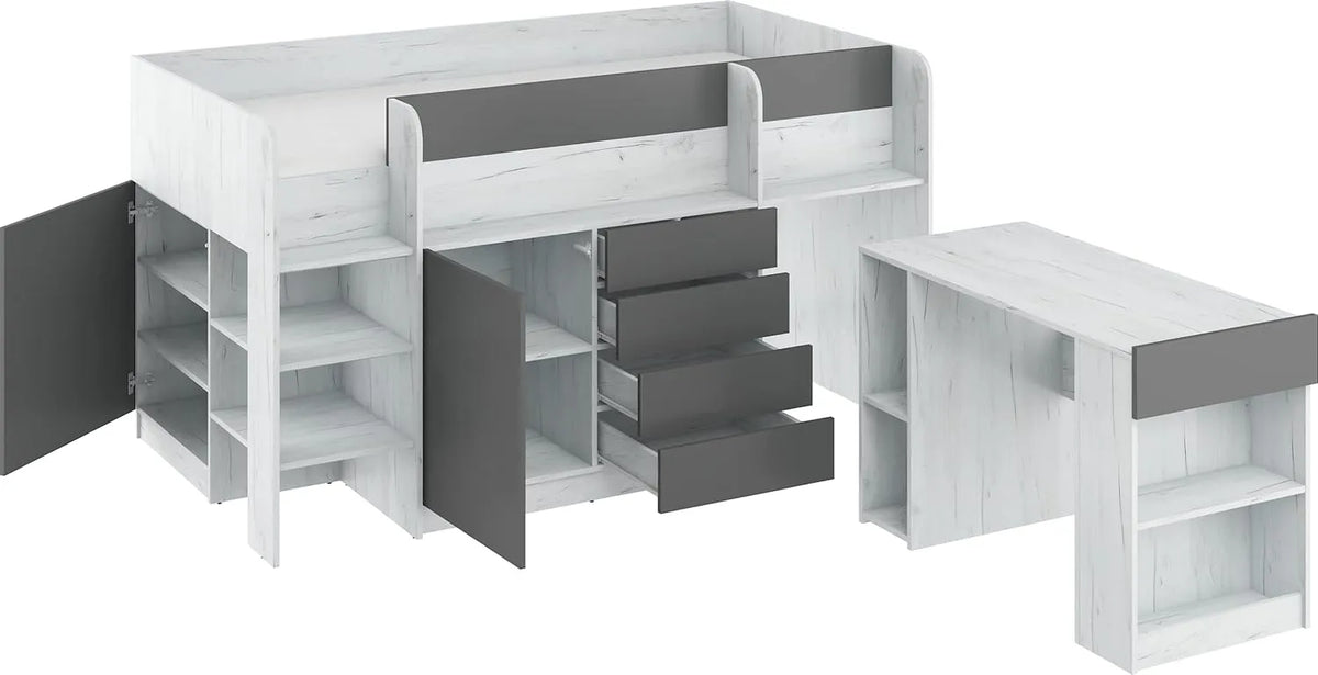 Lit Enfant Mezzanine 90x200cm avec Bureau et Rangement - Escalier Gauche - Design Compact Smile
