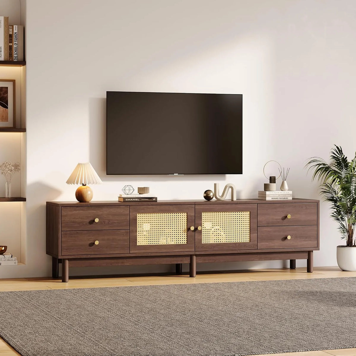 Buffet TV 180 cm Rotin et Bois, Design Rétro avec Tiroirs et Portes, Marron