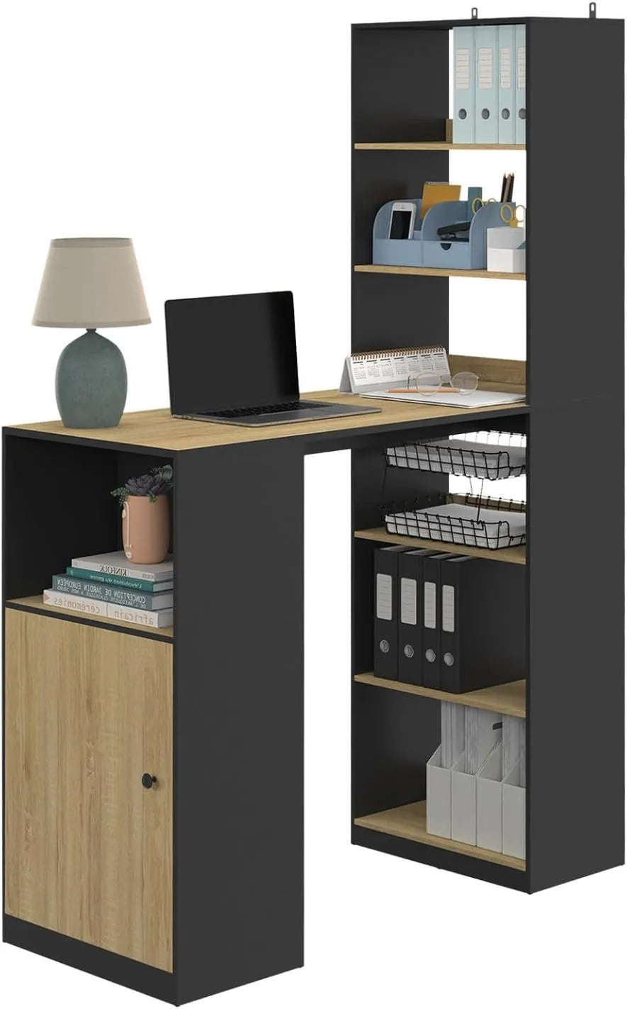 Bureau Double LUNG avec Rangements Noir et Bois pour Deux