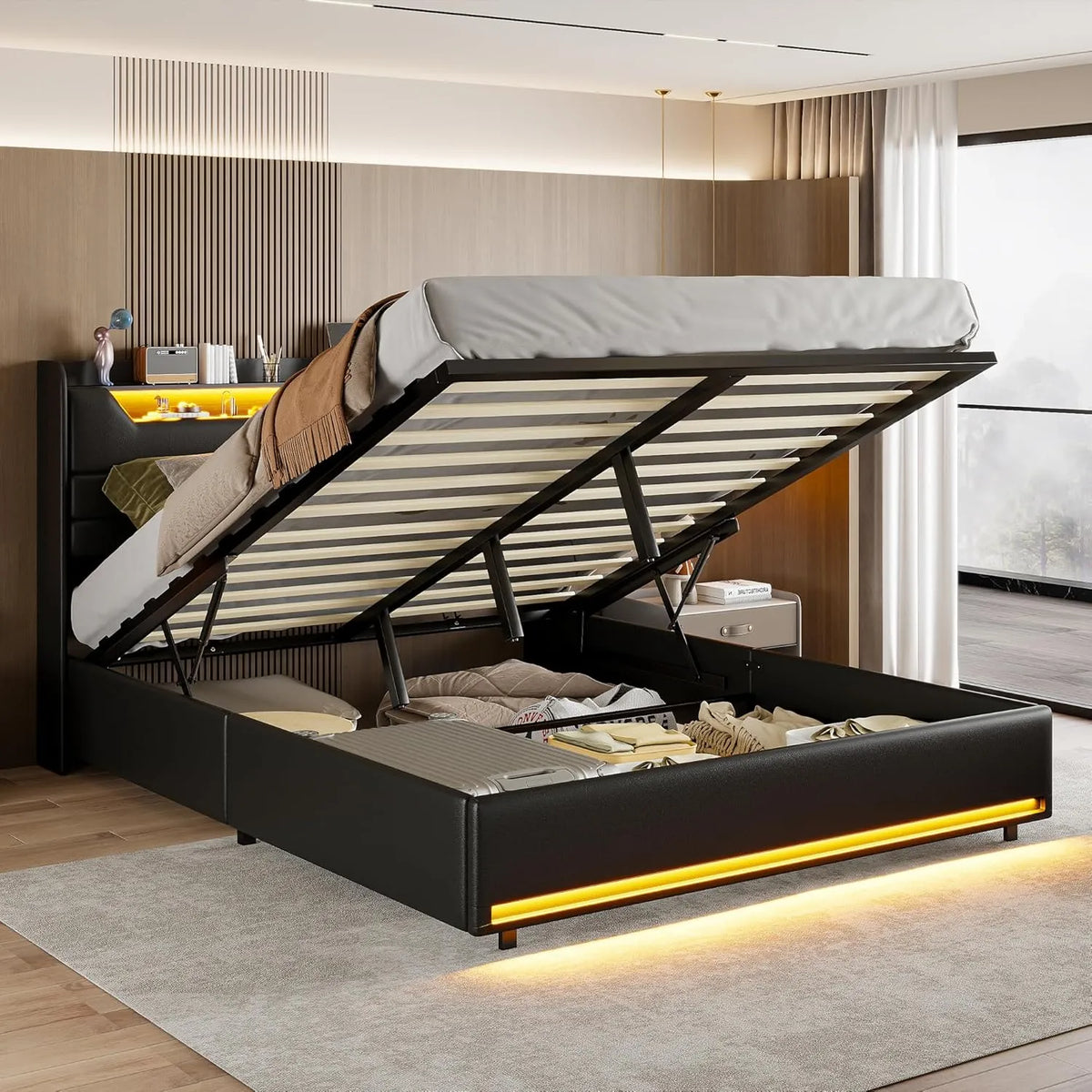 Lit double rembourré avec LED, USB et rangement - 140 x 200 cm - Noir