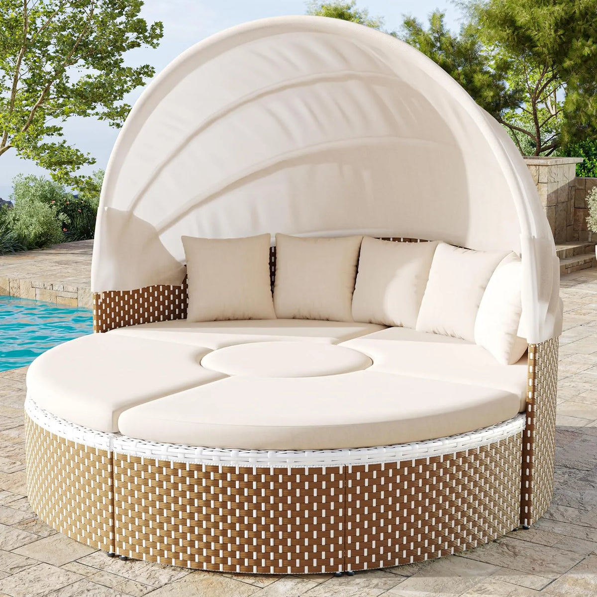 Set de mobilier de jardin en rotin avec auvent réglable - Table et chaises incluses - Beige