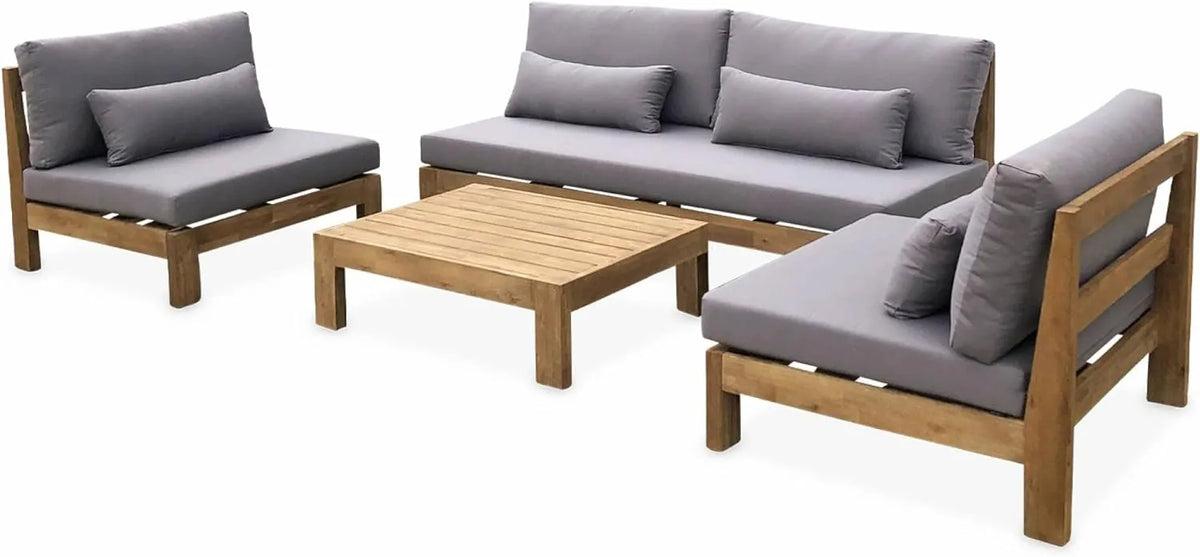 Ensemble de Jardin XXL en Bois Effet Blanchi - Bahia - Coussins Anthracite - Ultra Confort 5 Places