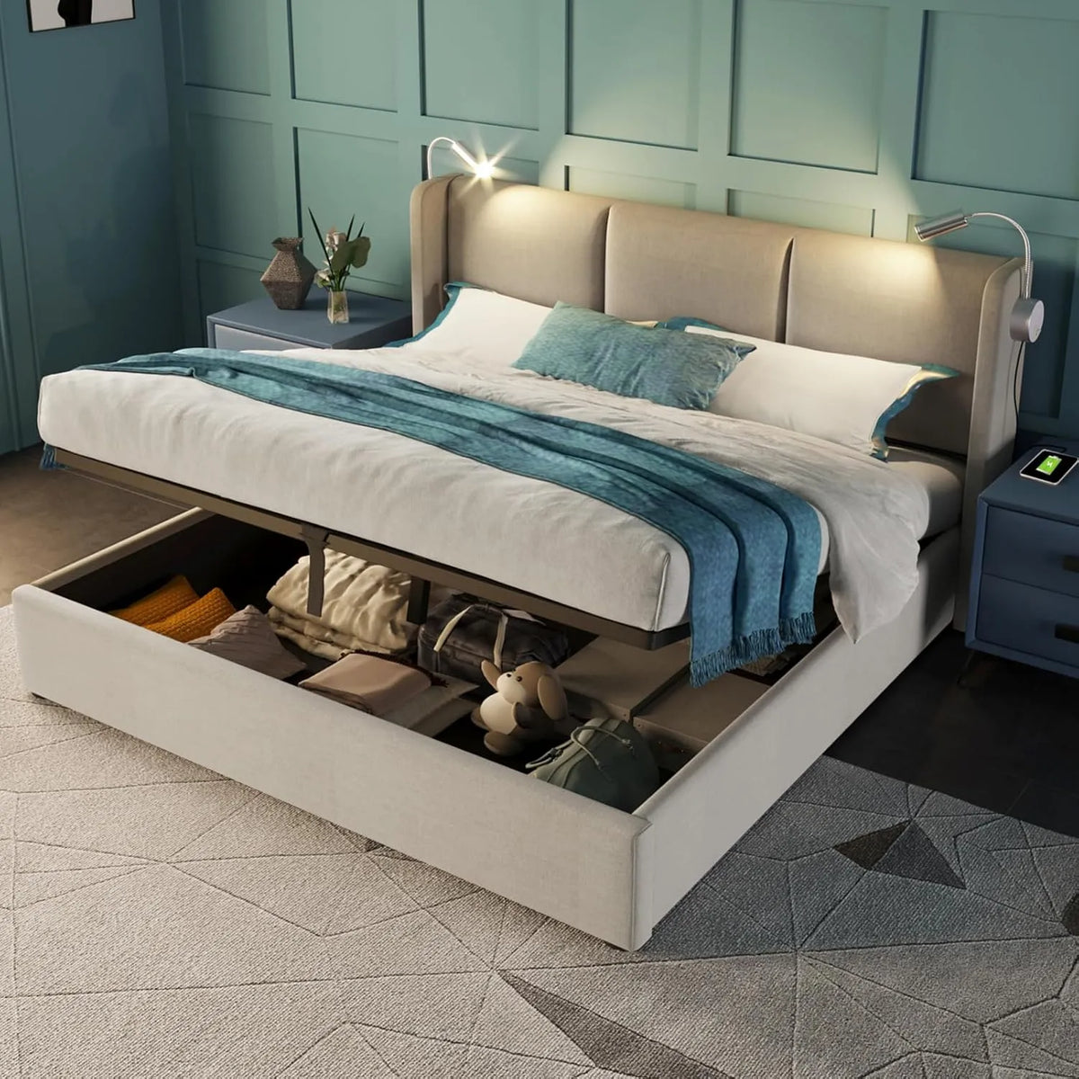 Lit Double 160x200 avec Rangement et Lampes de Lecture Intégrées, Lin Beige, Idéal pour Adolescents