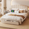 Lit 140x200 cm en Velours Beige avec Sommier, Tiroir et Prises USB-C
