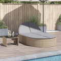 Transat double en rotin synthétique beige avec dossier ajustable et coussins, pour extérieur