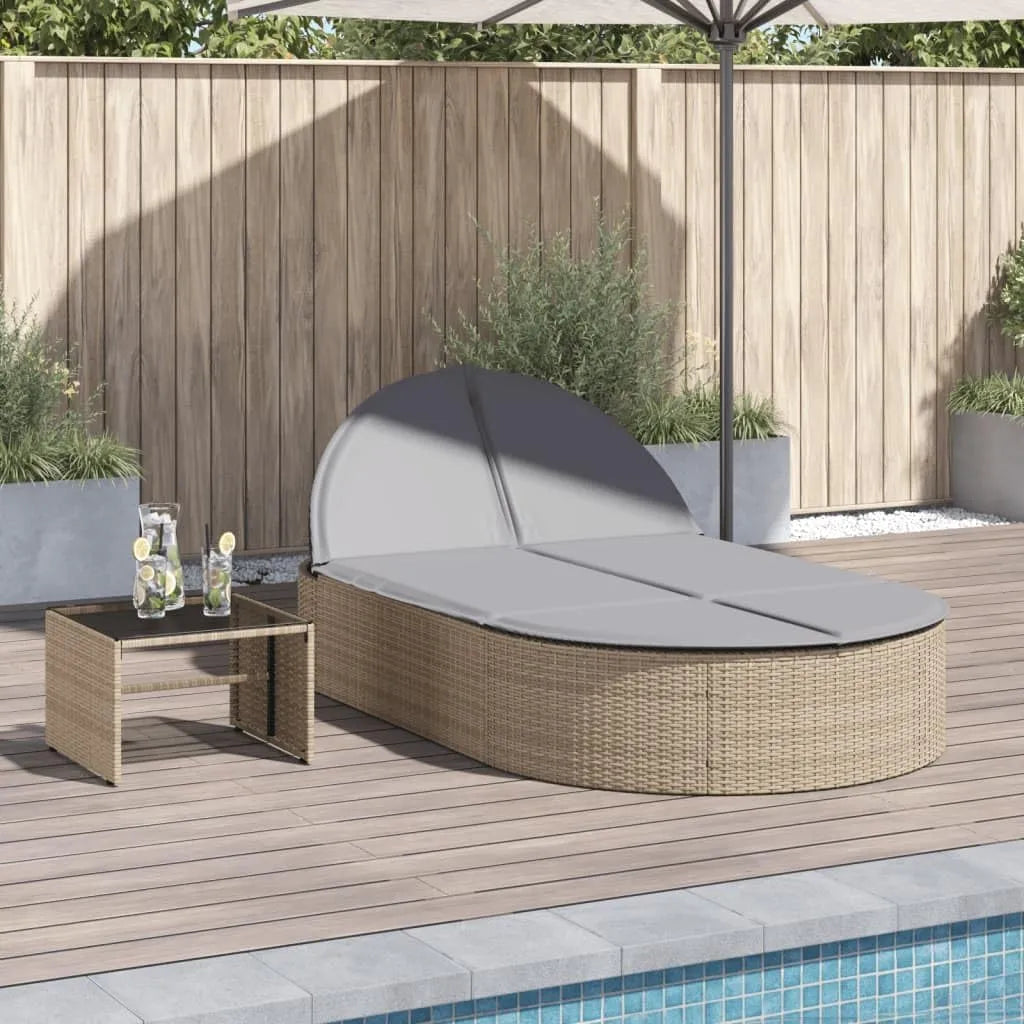 Transat double en rotin synthétique beige avec dossier ajustable et coussins, pour extérieur