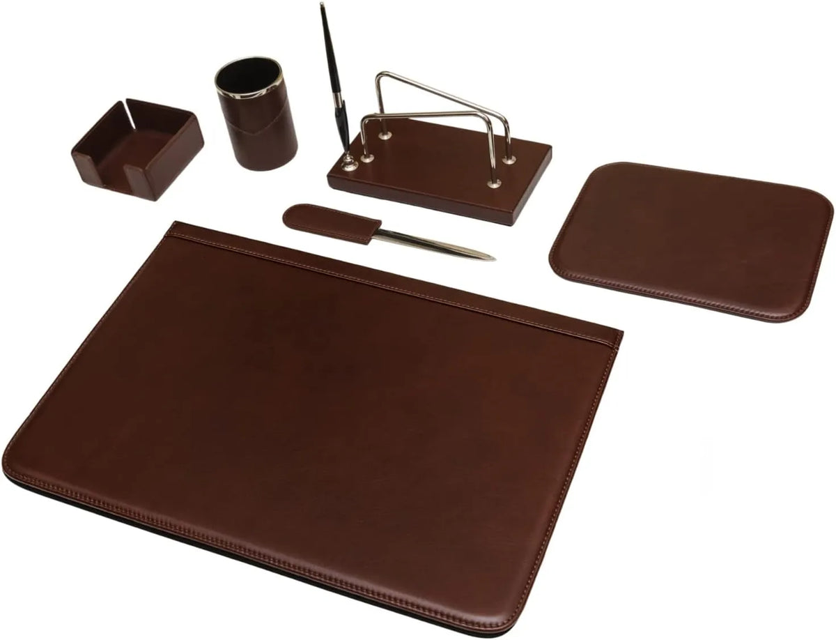 Set de Bureau 6 Pièces en Cuir Véritable - Artisanat Italien Raffiné - Élégance et Fonctionnalité pour le Bureau - Marron