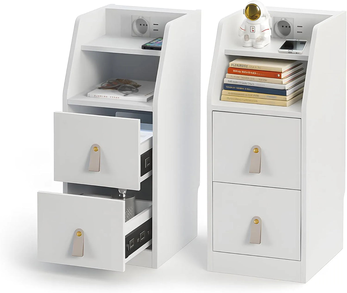 Lot de 2 Tables de Nuit Blanches avec Port USB, 2 Tiroirs, Design Compact de 30 cm pour Espaces Réduits, Hauteur Ajustée pour Lit Boxspring, Charge Maximale de 45 kg