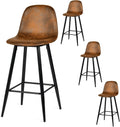Lot de 4 Tabourets de Bar Industriels Vintage avec Dossier et Repose-Pieds, Sièges Rembourrés en Suédine Marron, 49x42.5x103.5 cm