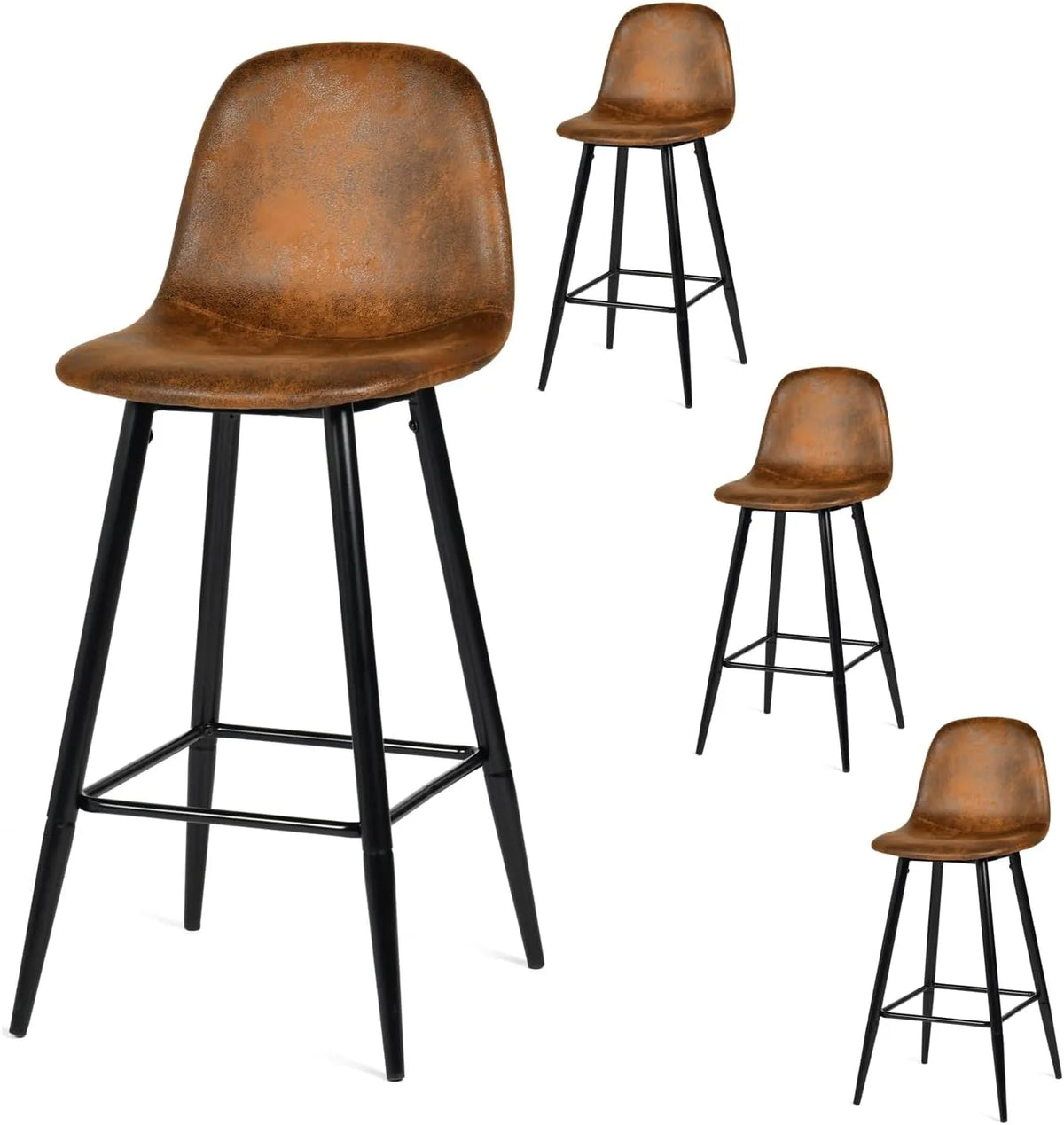 Lot de 4 Tabourets de Bar Industriels Vintage avec Dossier et Repose-Pieds, Sièges Rembourrés en Suédine Marron, 49x42.5x103.5 cm