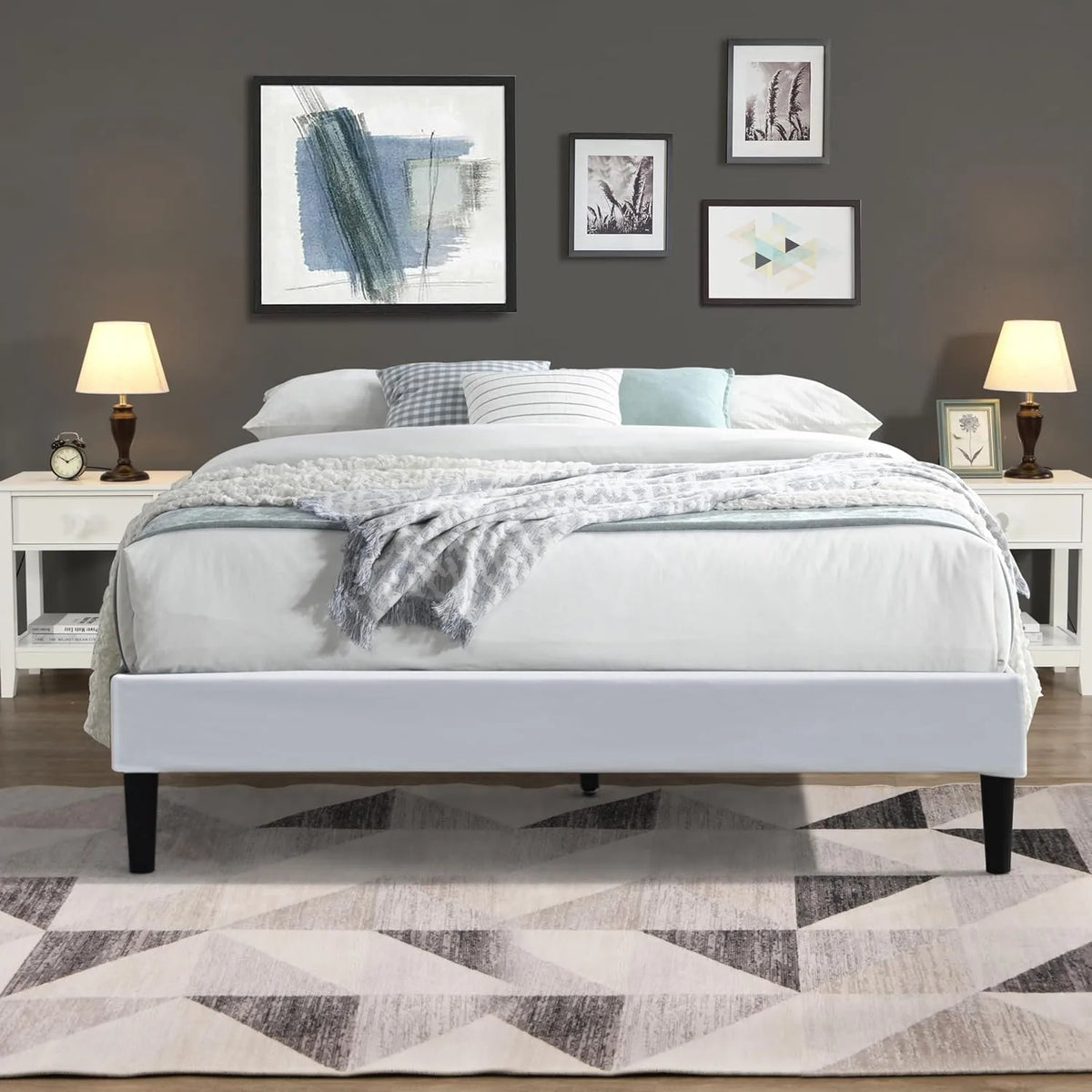 Ensemble de Sommier Tapissier Déhoussable 160x200 cm - Housse Lavable avec Pieds 20 cm et Lattes - Tissu Polyester Blanc