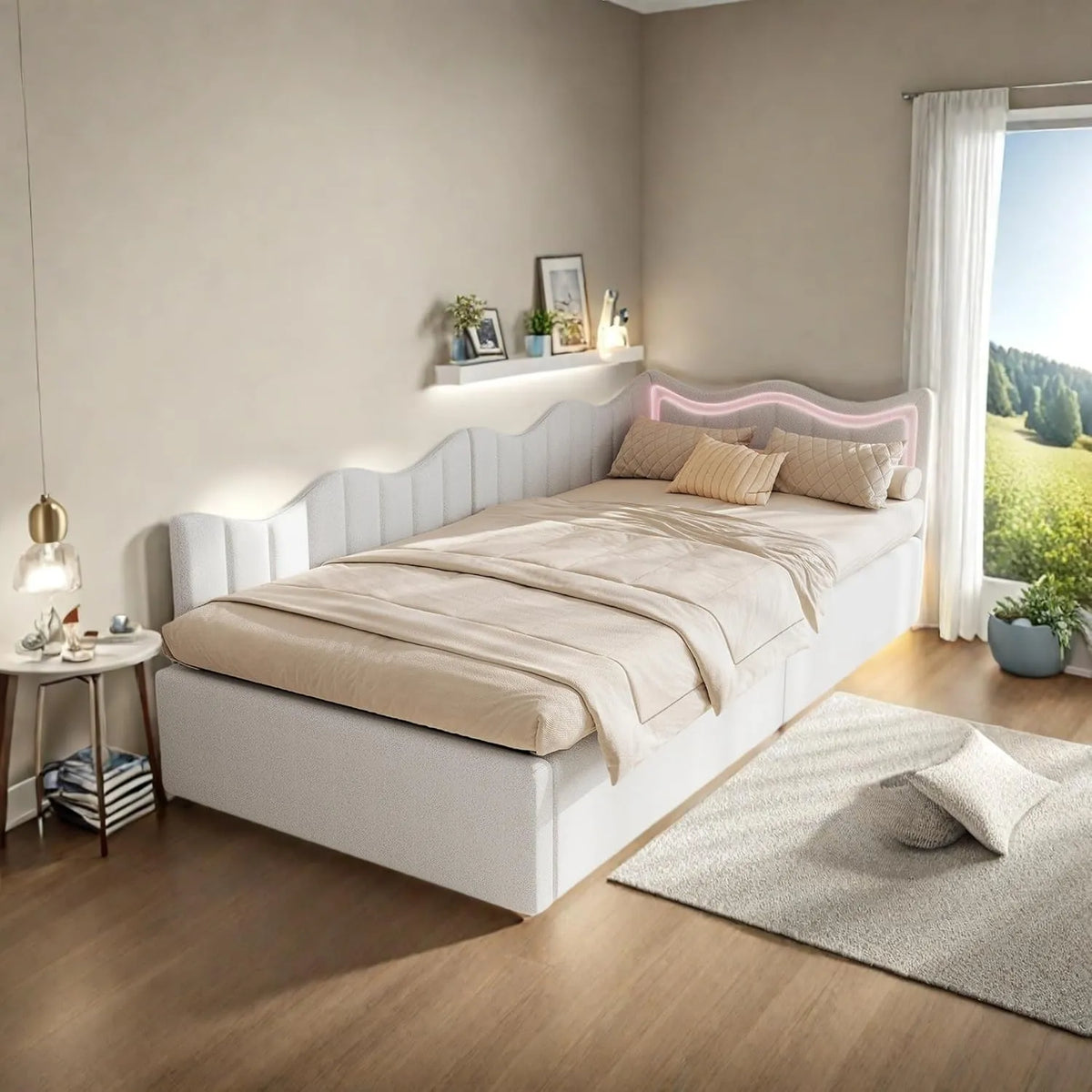Canapé-lit convertible en velours blanc, double fonction avec sommier à lattes, dossier et rangement, 90x200 cm