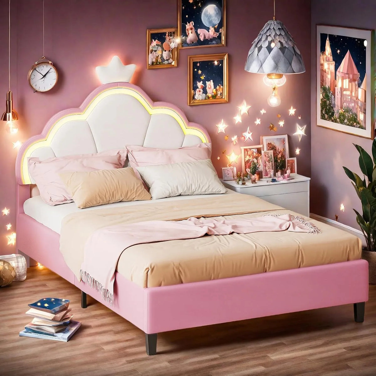 Lit Princesse Couronne avec LED, 140x200 cm, Tête de Lit Ajustable, Rose