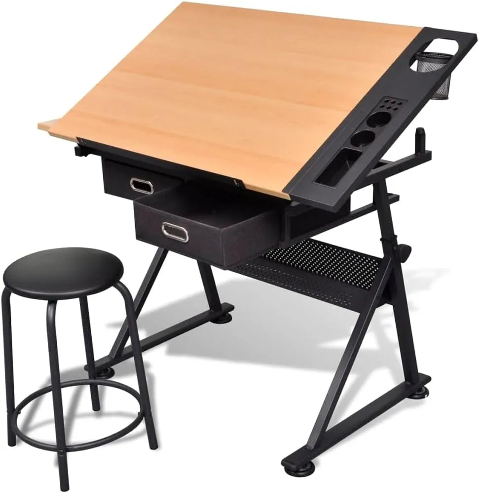 Table à Dessin Inclinable avec 2 Tiroirs et Tabouret pour Bureau