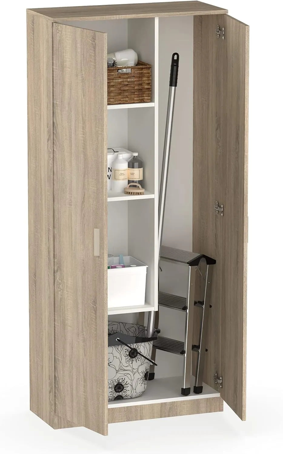 Armoire Polyvalente 2 Portes, 4 Compartiments avec Étagère Ajustable, 180x80x35cm, Chêne Cambrian