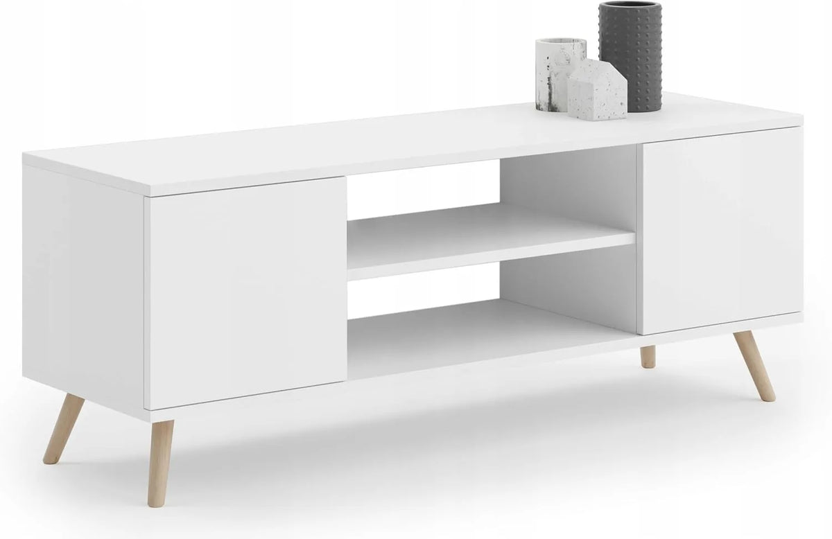 Meuble TV Scandinave KOBI Blanc 135 cm avec Pieds en Bois