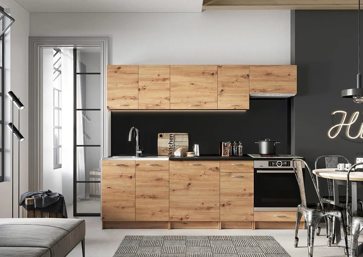 Cuisine Équipée Mila 8 Éléments Chêne Artisan avec Plan de Travail - 240 cm