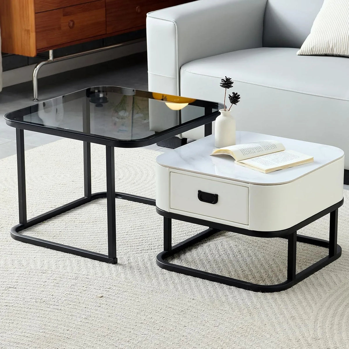 Tables Basses Gigognes SHARPDO, Pierre Sinterisée et Verre Trempé, Tiroir Blanc en Simili Cuir, Lot de 2, 60/50 cm, Design Carré Moderne pour Salon
