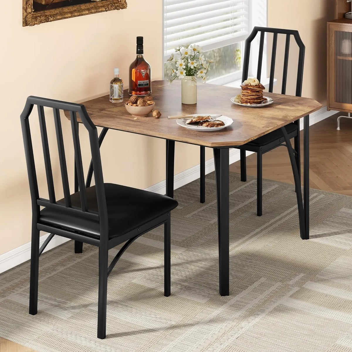 Ensemble Table et Chaises de Cuisine pour 2 Personnes, Design Compact Métal et Bois, Idéal pour Petits Espaces, Marron et Noir