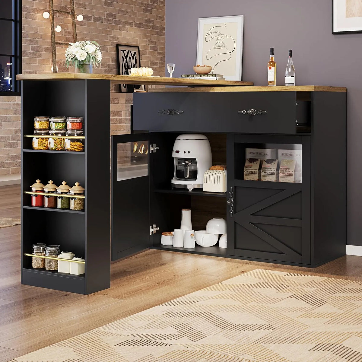 Table de bar extensible avec rangement intégré et rotation 360° - Noir