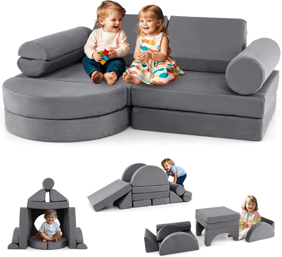 COSTWAY Ensemble Modulaire Enfant 13 Pièces en Velours, Canapé Doux et Convertible, Housse Amovible, Enfants 3+ Ans (Gris)