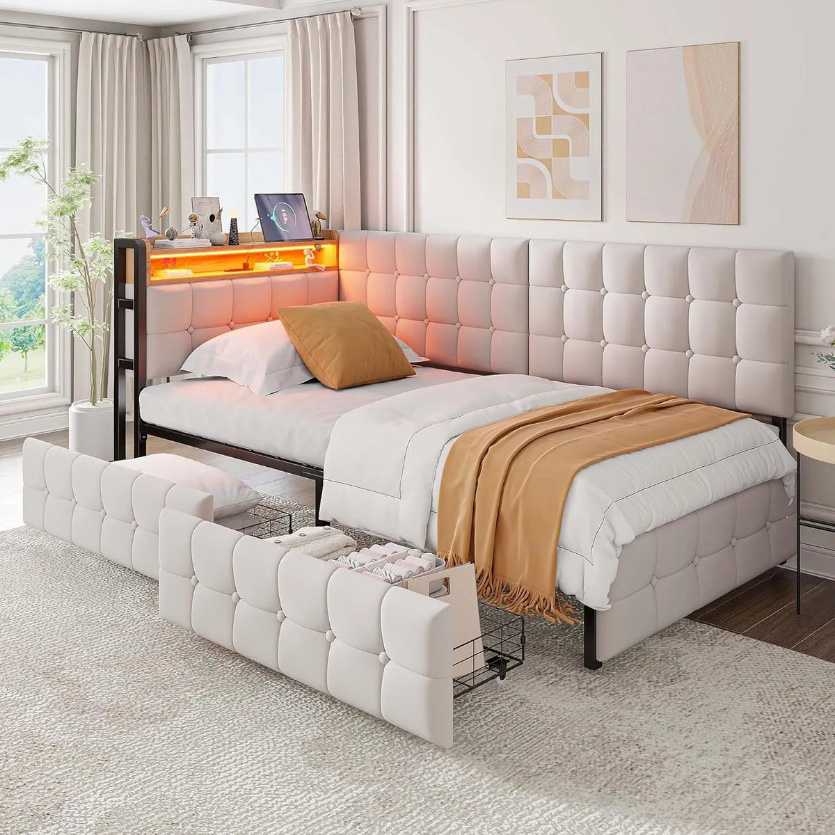Canapé-lit 90x200 cm avec LED et USB, cadre en métal avec tiroirs, sans matelas
