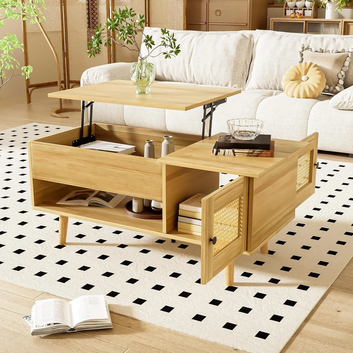Table basse Merax avec plateau ajustable et portes en rotin, rangement intégré pour salon ou bureau