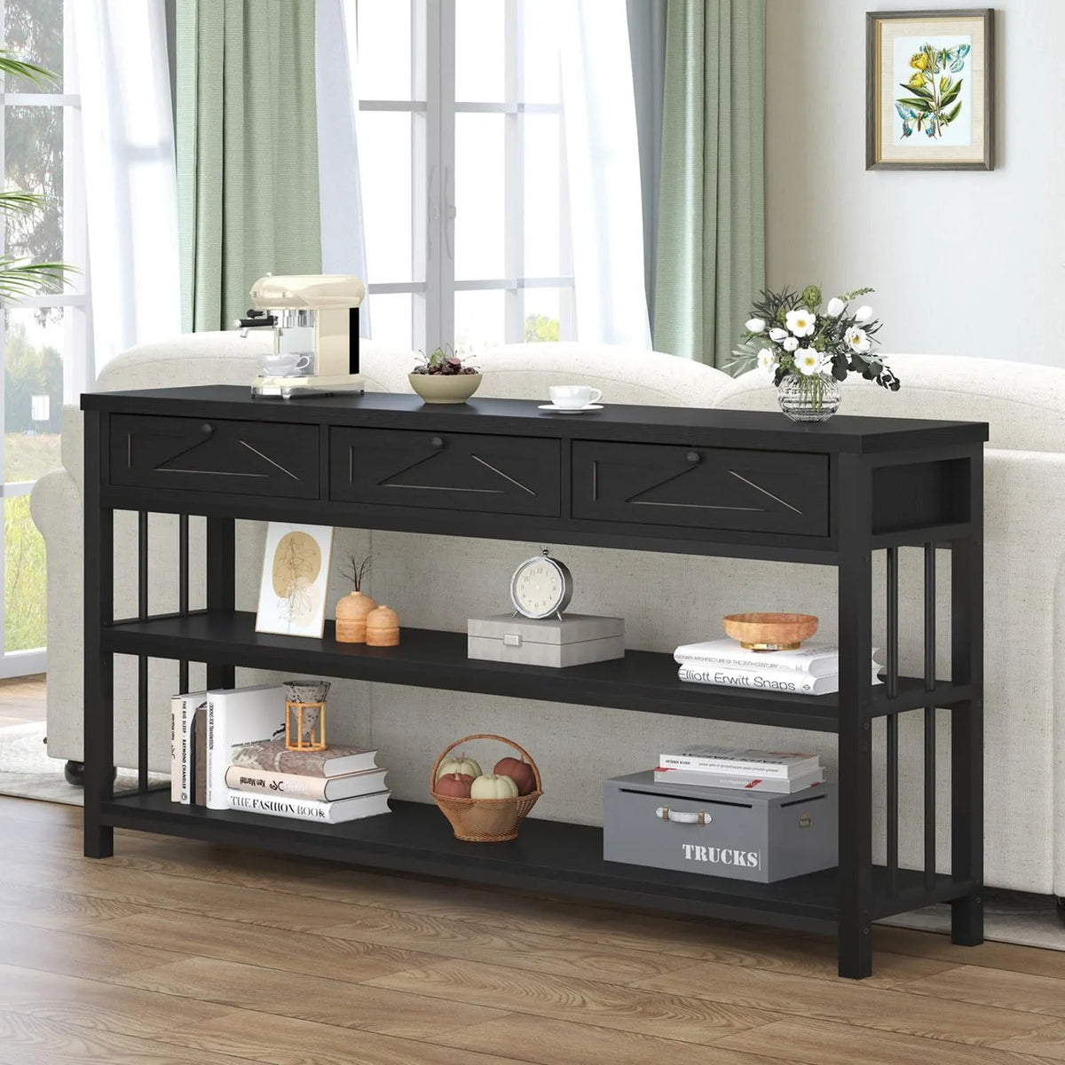 Console en Bois de Chêne Noir avec 3 Tiroirs et Étagère en Métal pour Salon et Couloir