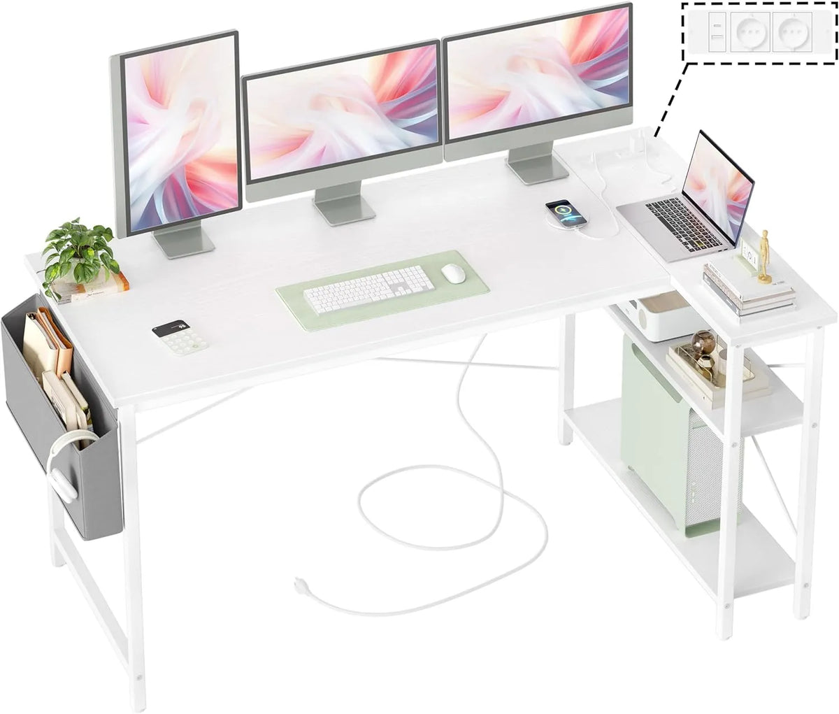 Bureau d'Angle Ergonomique BEXEVUE avec Multiprise, 140x70cm, Blanc