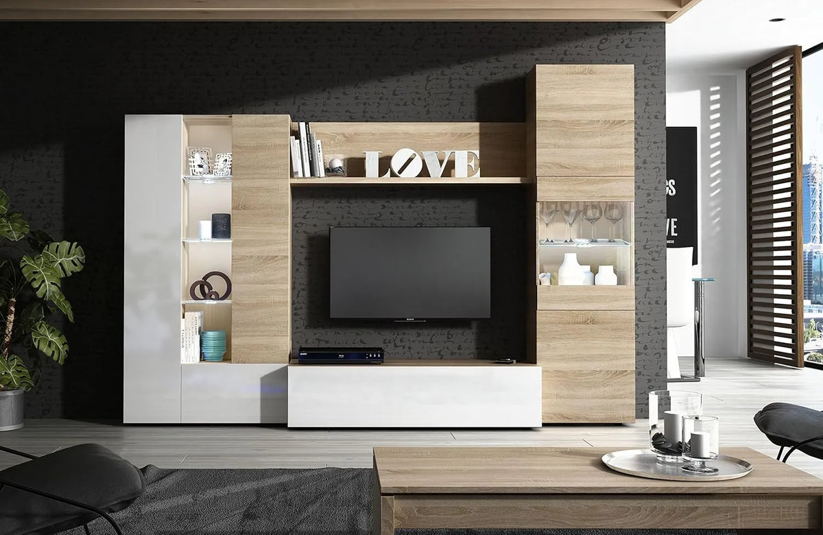 Ensemble de Salon avec LED en Bois Blanc et Chêne