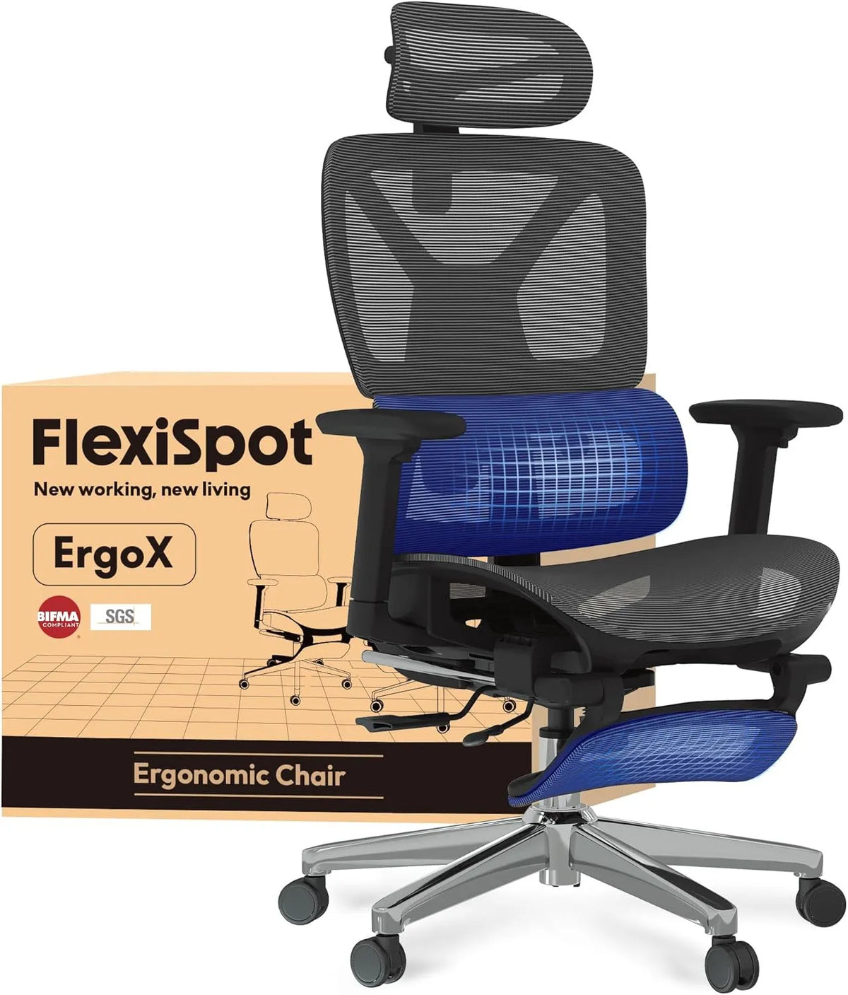 Chaise de Bureau Ergonomique FLEXISPOT ErgoX avec Repose-Pieds et Accoudoirs 3D, Maille Réglable avec Appuie-tête et Support Lombaire, Noir